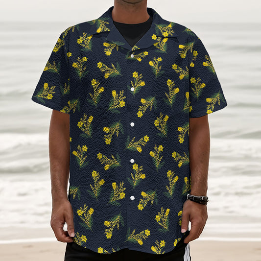 Spring Daffodil Flower Pattern Print Textured Short Sleeve Shirt