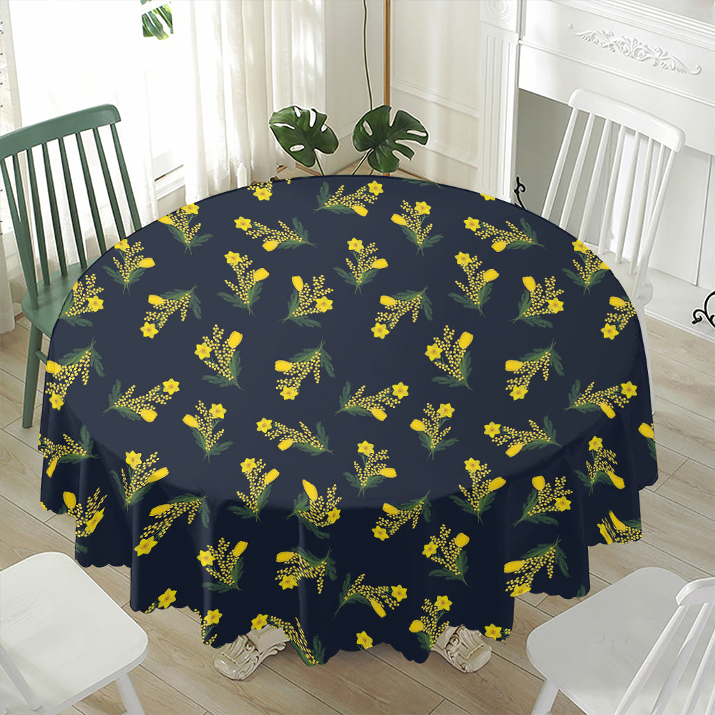 Spring Daffodil Flower Pattern Print Waterproof Round Tablecloth
