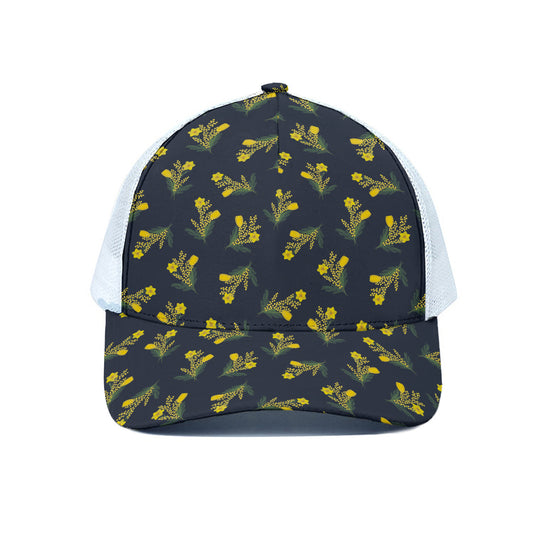 Spring Daffodil Flower Pattern Print White Mesh Trucker Cap
