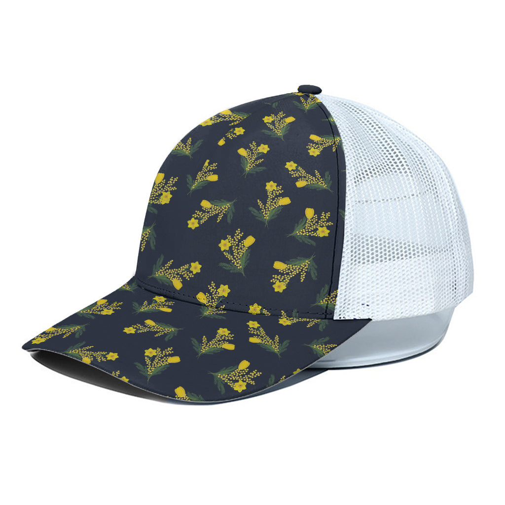 Spring Daffodil Flower Pattern Print White Mesh Trucker Cap