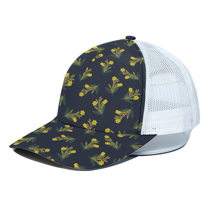 Spring Daffodil Flower Pattern Print White Mesh Trucker Cap