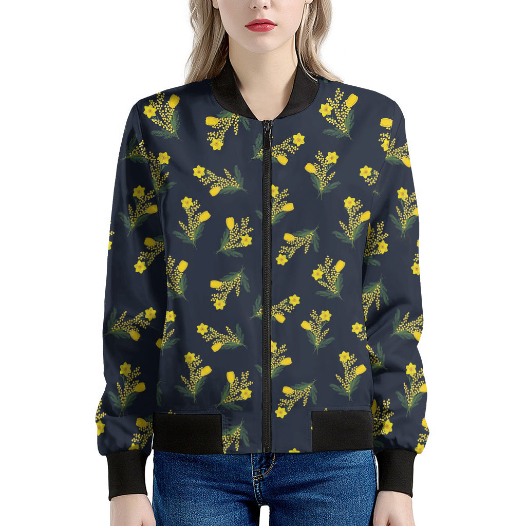 Spring Daffodil Flower Pattern Print Women's Bomber Jacket