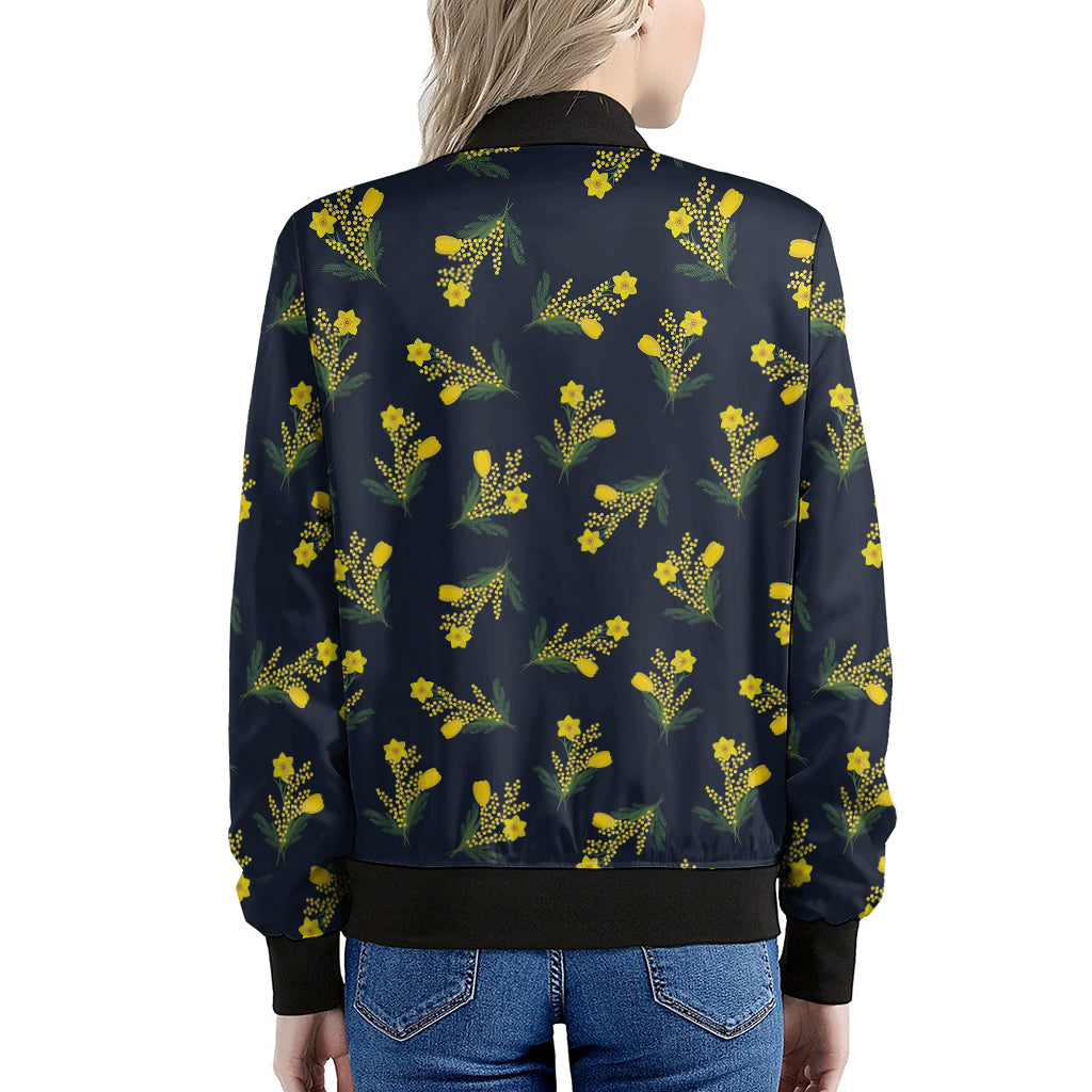 Spring Daffodil Flower Pattern Print Women's Bomber Jacket