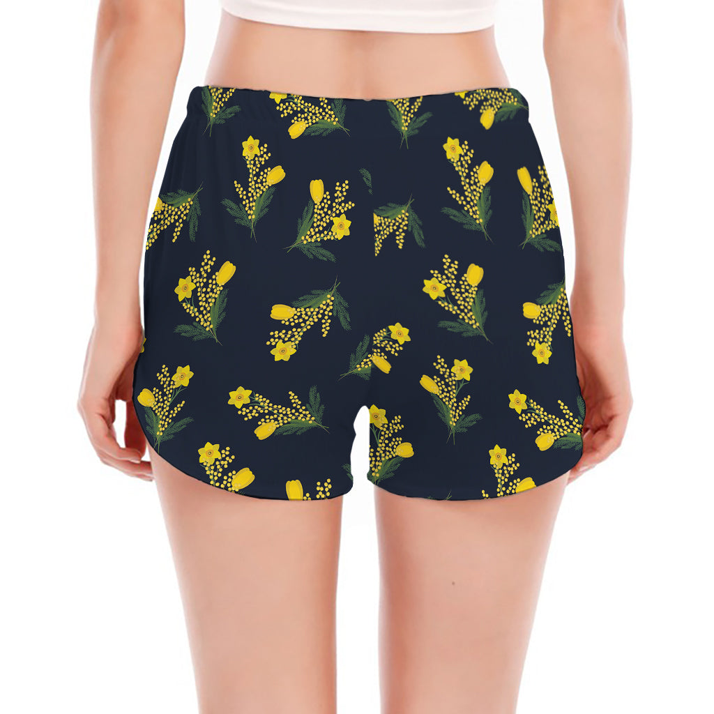 Spring Daffodil Flower Pattern Print Women's Split Running Shorts