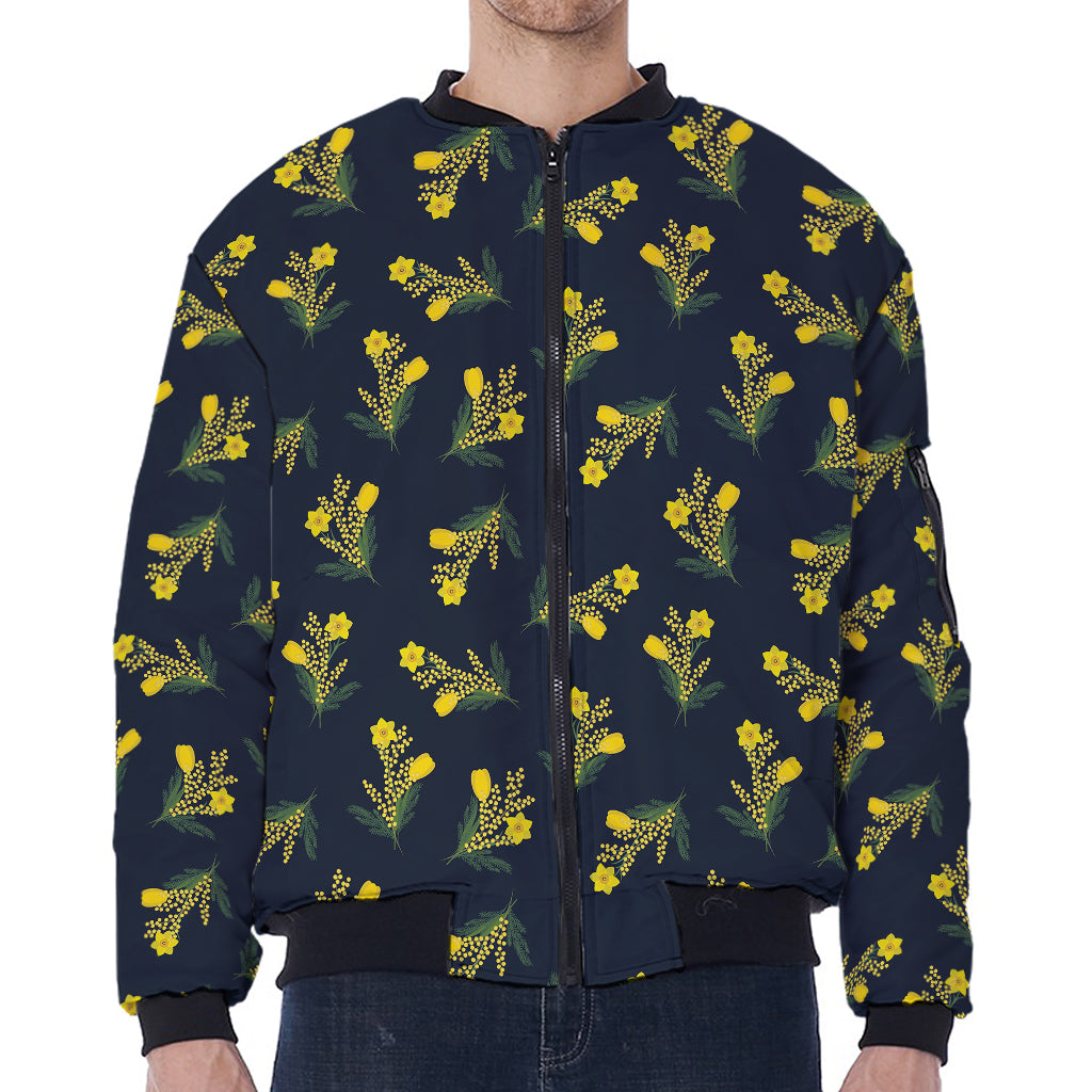 Spring Daffodil Flower Pattern Print Zip Sleeve Bomber Jacket