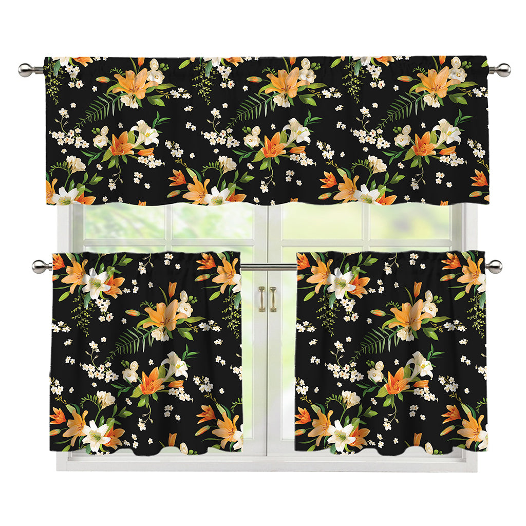 Spring Lily Flowers Pattern Print 3 Piece Kitchen Curtains