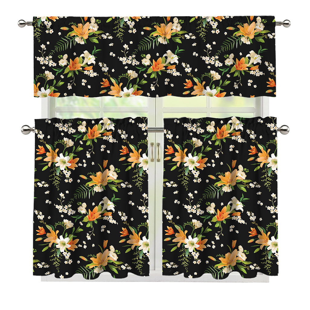 Spring Lily Flowers Pattern Print 3 Piece Kitchen Curtains