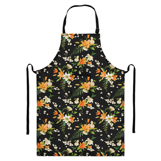 Spring Lily Flowers Pattern Print Bib Apron With Pocket