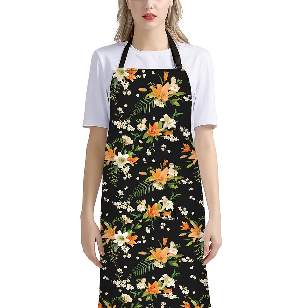 Spring Lily Flowers Pattern Print Bib Apron With Pocket