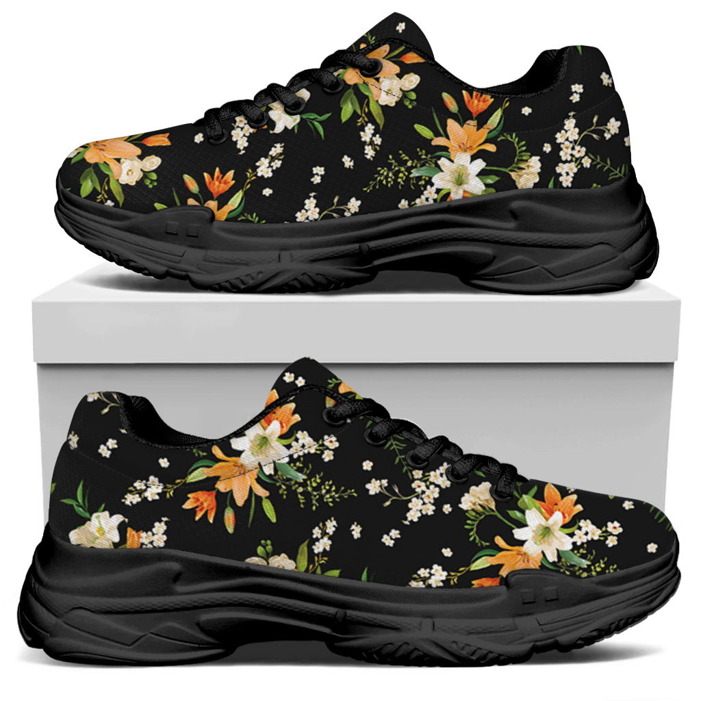 Spring Lily Flowers Pattern Print Black Chunky Shoes