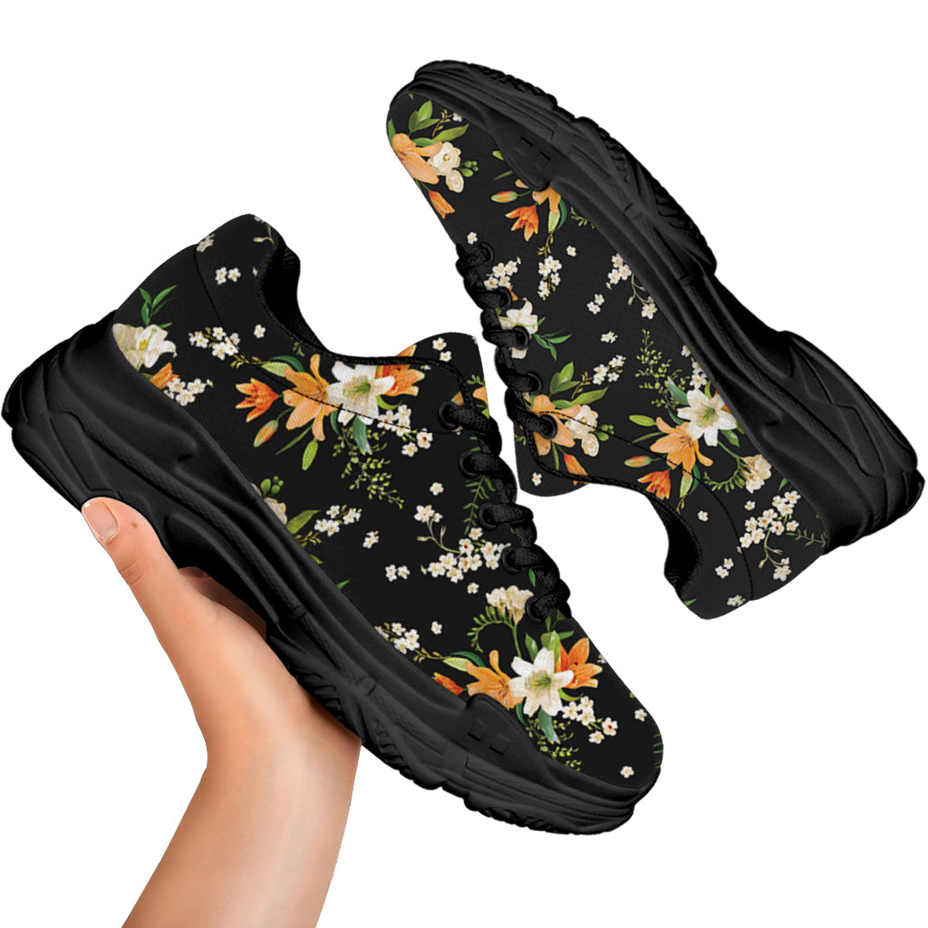 Spring Lily Flowers Pattern Print Black Chunky Shoes