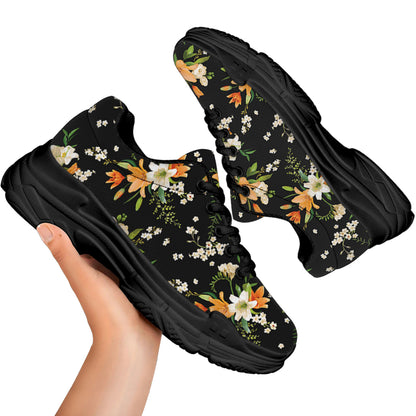 Spring Lily Flowers Pattern Print Black Chunky Shoes