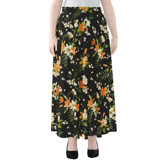 Spring Lily Flowers Pattern Print Chiffon Maxi Skirt