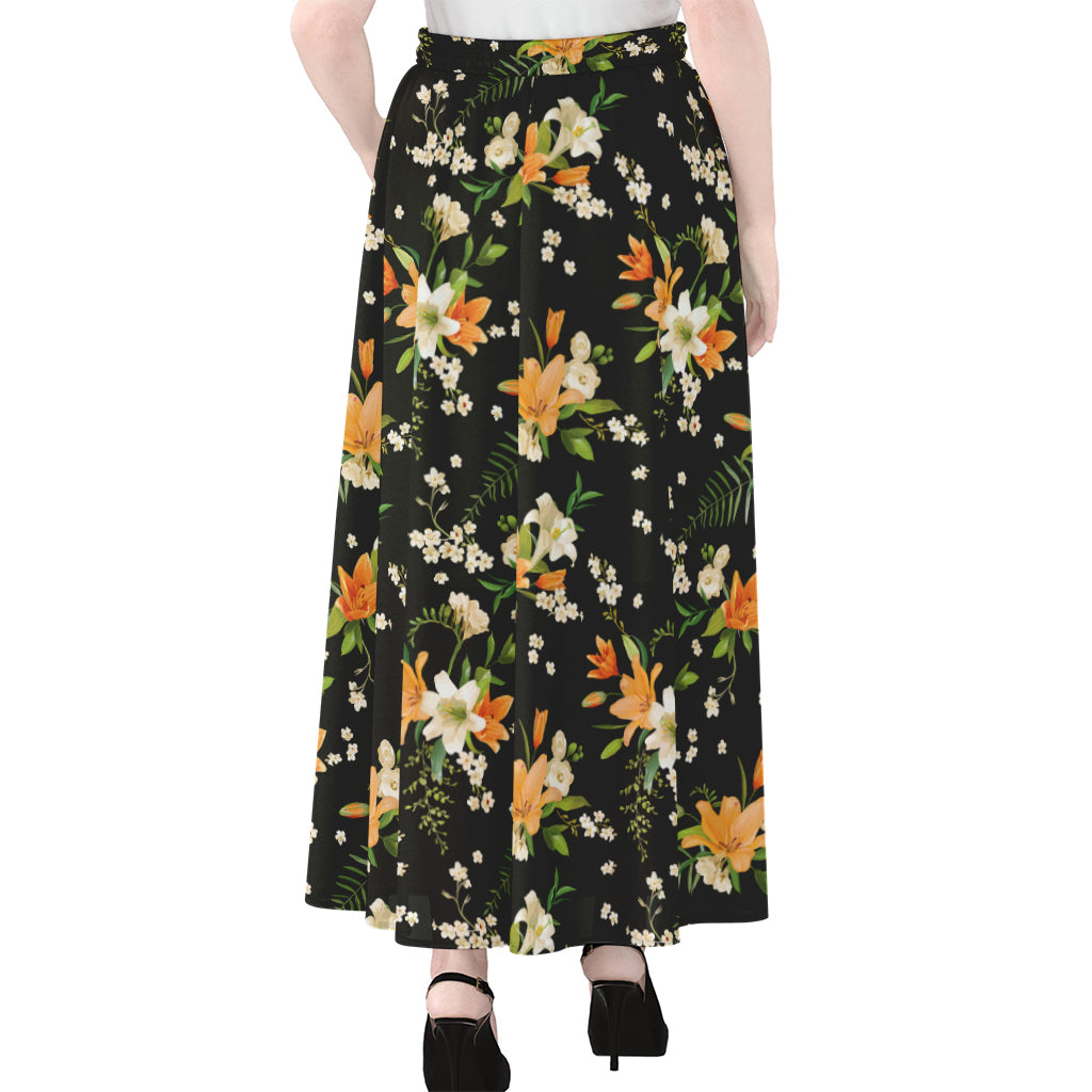 Spring Lily Flowers Pattern Print Chiffon Maxi Skirt