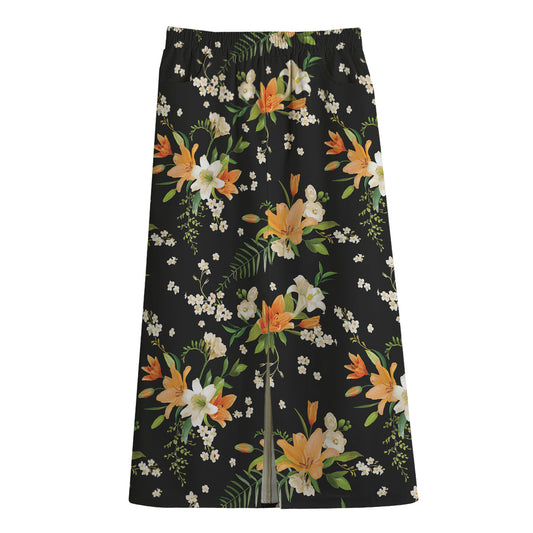 Spring Lily Flowers Pattern Print Cotton Front Slit Maxi Skirt