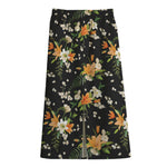 Spring Lily Flowers Pattern Print Cotton Front Slit Maxi Skirt