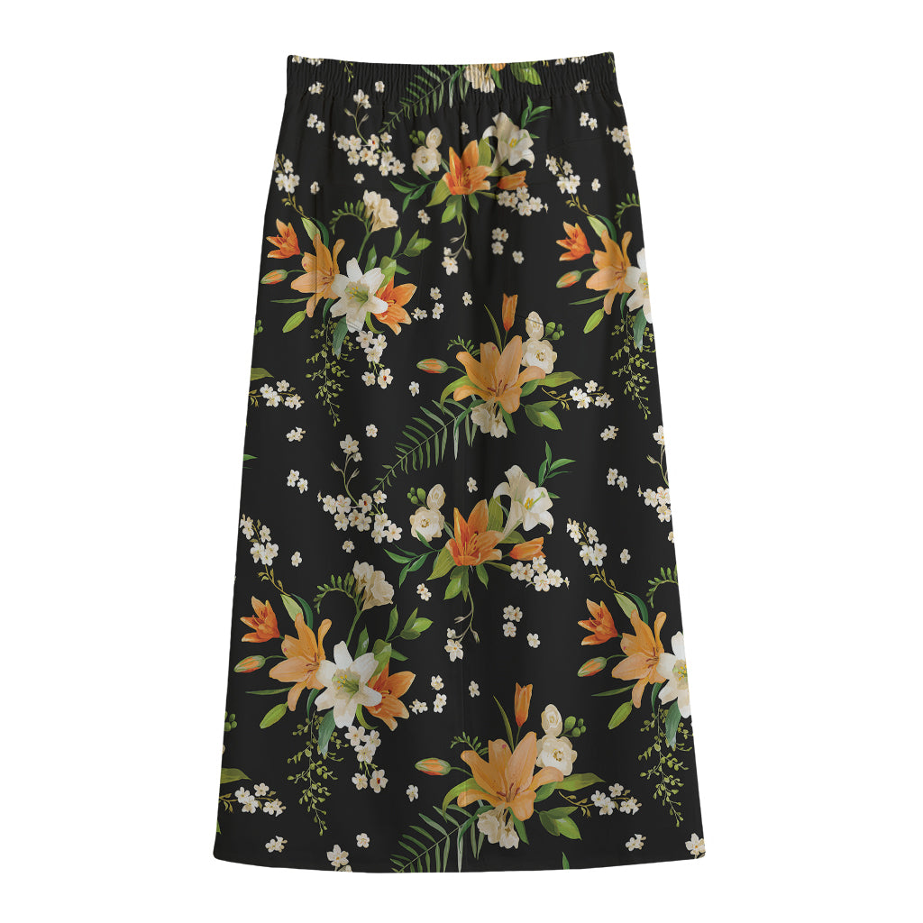 Spring Lily Flowers Pattern Print Cotton Front Slit Maxi Skirt