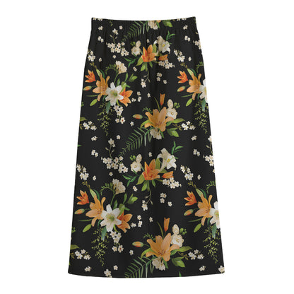 Spring Lily Flowers Pattern Print Cotton Front Slit Maxi Skirt