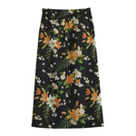 Spring Lily Flowers Pattern Print Cotton Front Slit Maxi Skirt