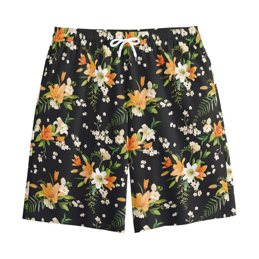 Spring Lily Flowers Pattern Print Cotton Shorts