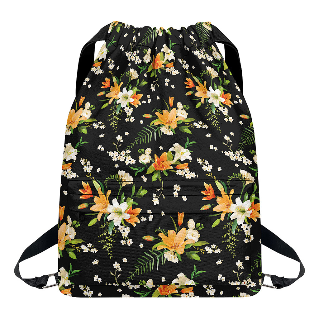 Spring Lily Flowers Pattern Print Drawstring Backpack