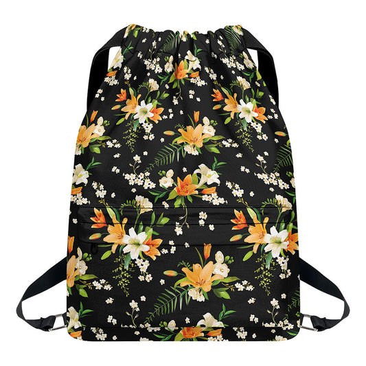 Spring Lily Flowers Pattern Print Drawstring Backpack