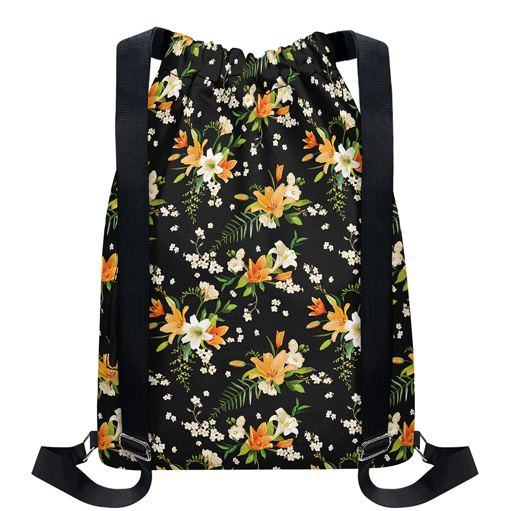 Spring Lily Flowers Pattern Print Drawstring Backpack
