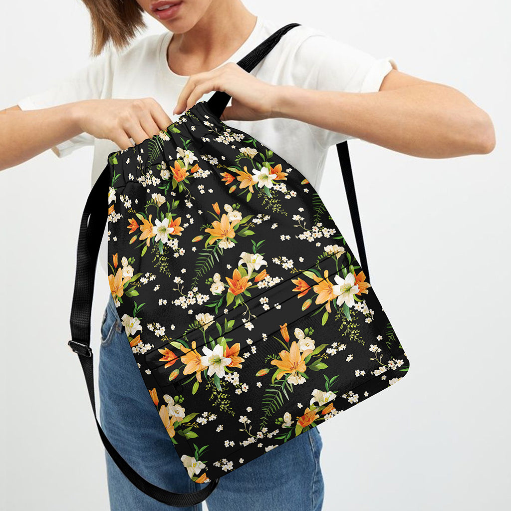 Spring Lily Flowers Pattern Print Drawstring Backpack