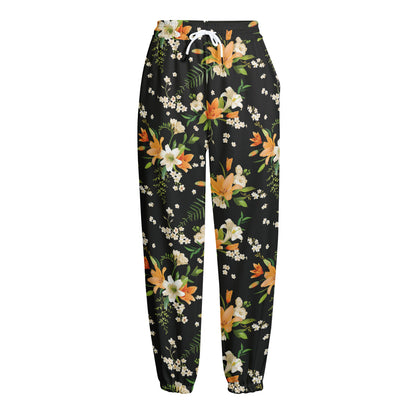 Spring Lily Flowers Pattern Print Fleece Lined Knit Pants