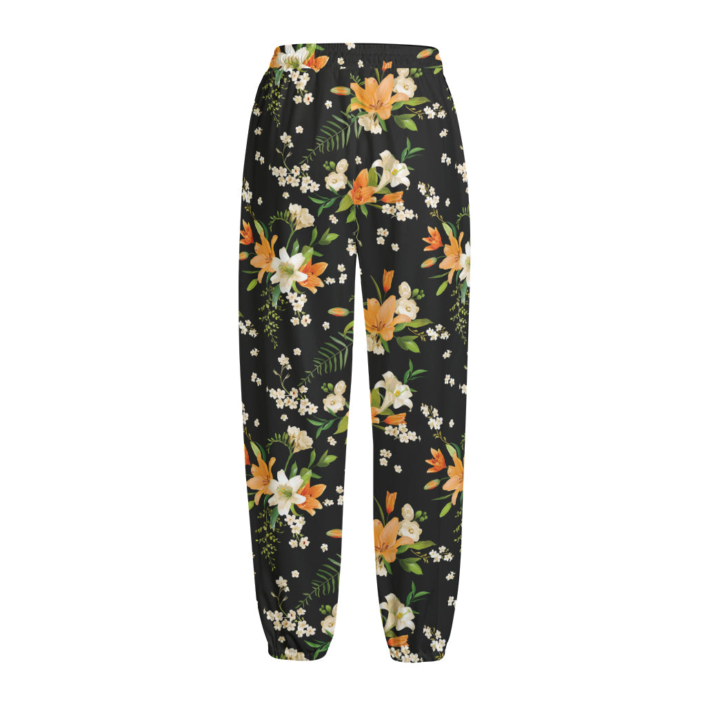Spring Lily Flowers Pattern Print Fleece Lined Knit Pants