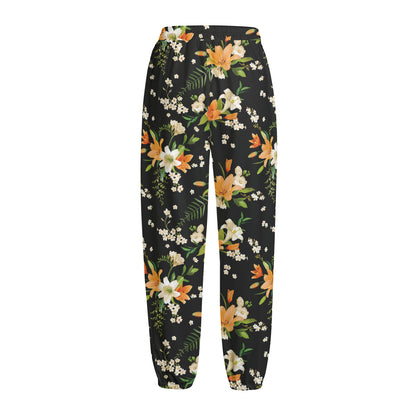 Spring Lily Flowers Pattern Print Fleece Lined Knit Pants