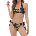 Spring Lily Flowers Pattern Print Halter Scoop Tie Side Bikini