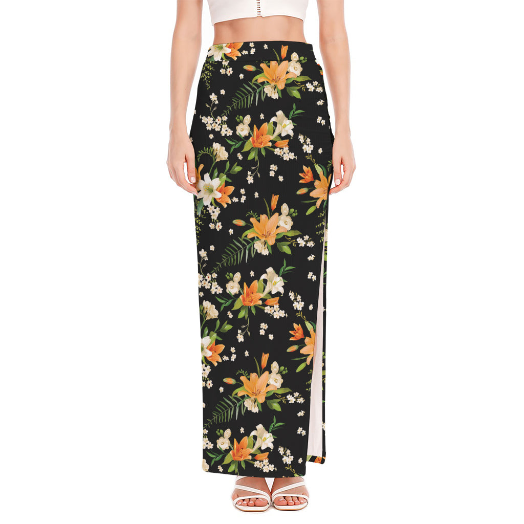 Spring Lily Flowers Pattern Print High Slit Maxi Skirt