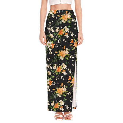 Spring Lily Flowers Pattern Print High Slit Maxi Skirt