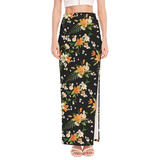 Spring Lily Flowers Pattern Print High Slit Maxi Skirt