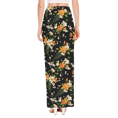 Spring Lily Flowers Pattern Print High Slit Maxi Skirt