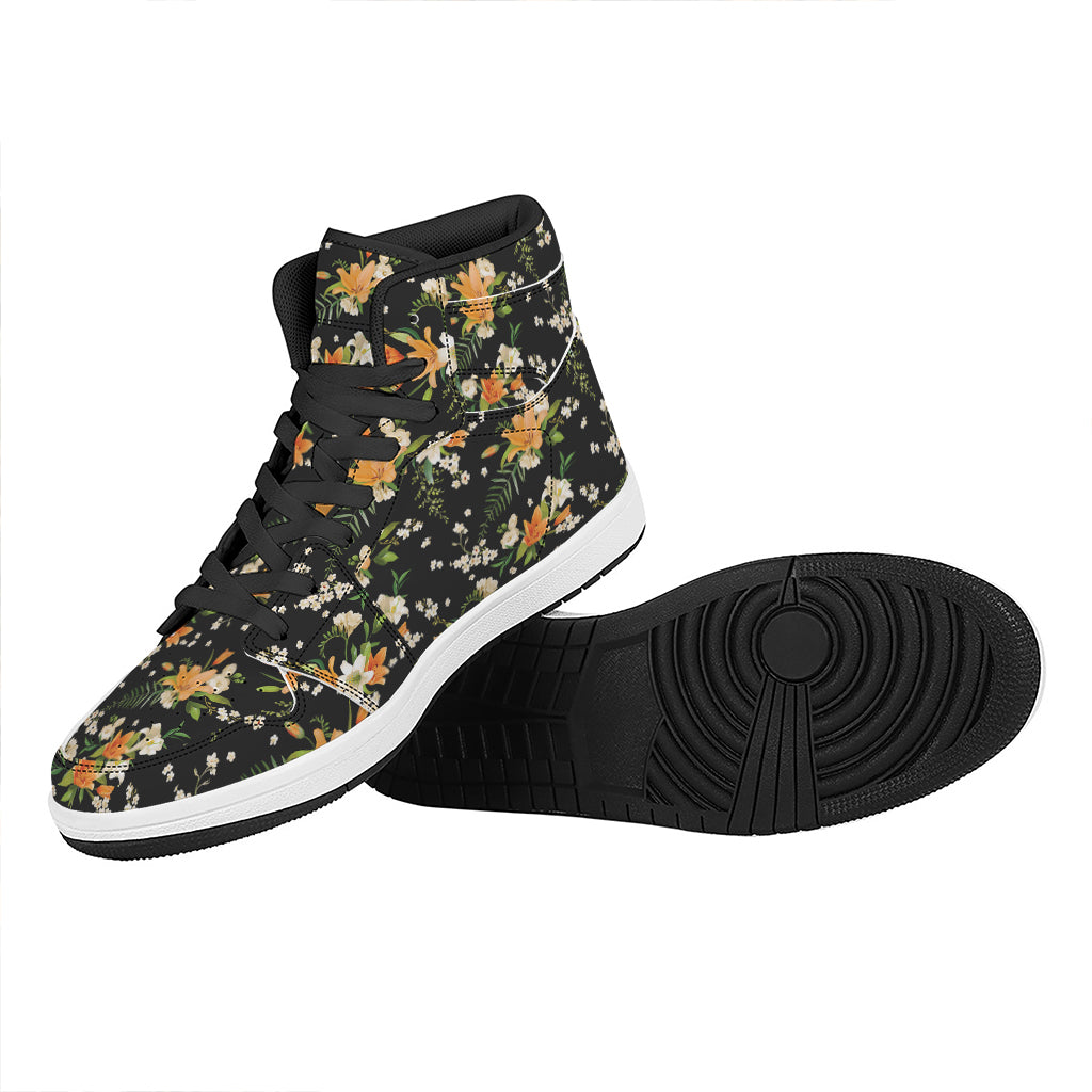 Spring Lily Flowers Pattern Print High Top Leather Sneakers