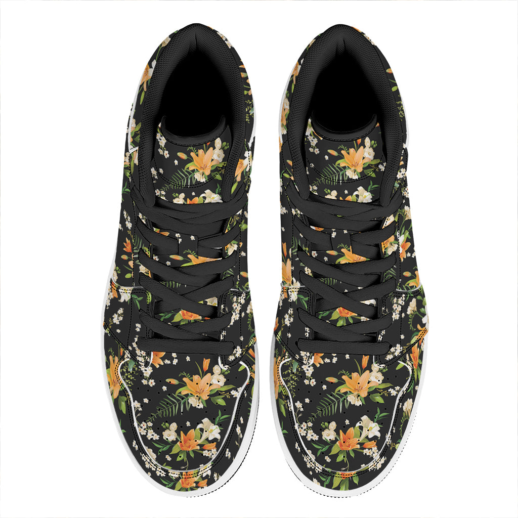 Spring Lily Flowers Pattern Print High Top Leather Sneakers