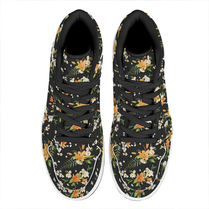 Spring Lily Flowers Pattern Print High Top Leather Sneakers