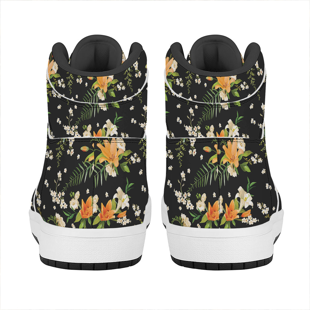 Spring Lily Flowers Pattern Print High Top Leather Sneakers