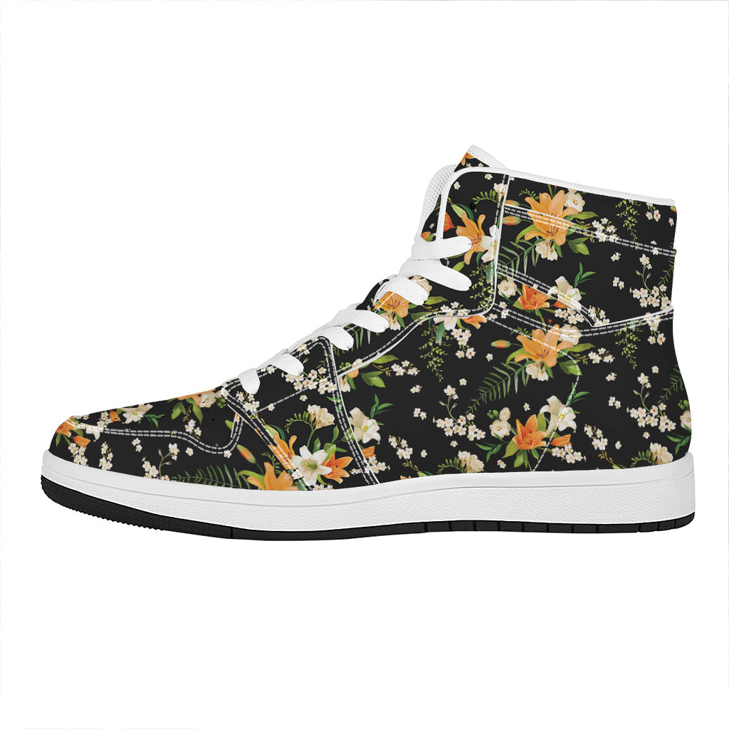 Spring Lily Flowers Pattern Print High Top Leather Sneakers