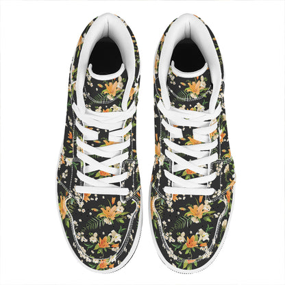 Spring Lily Flowers Pattern Print High Top Leather Sneakers