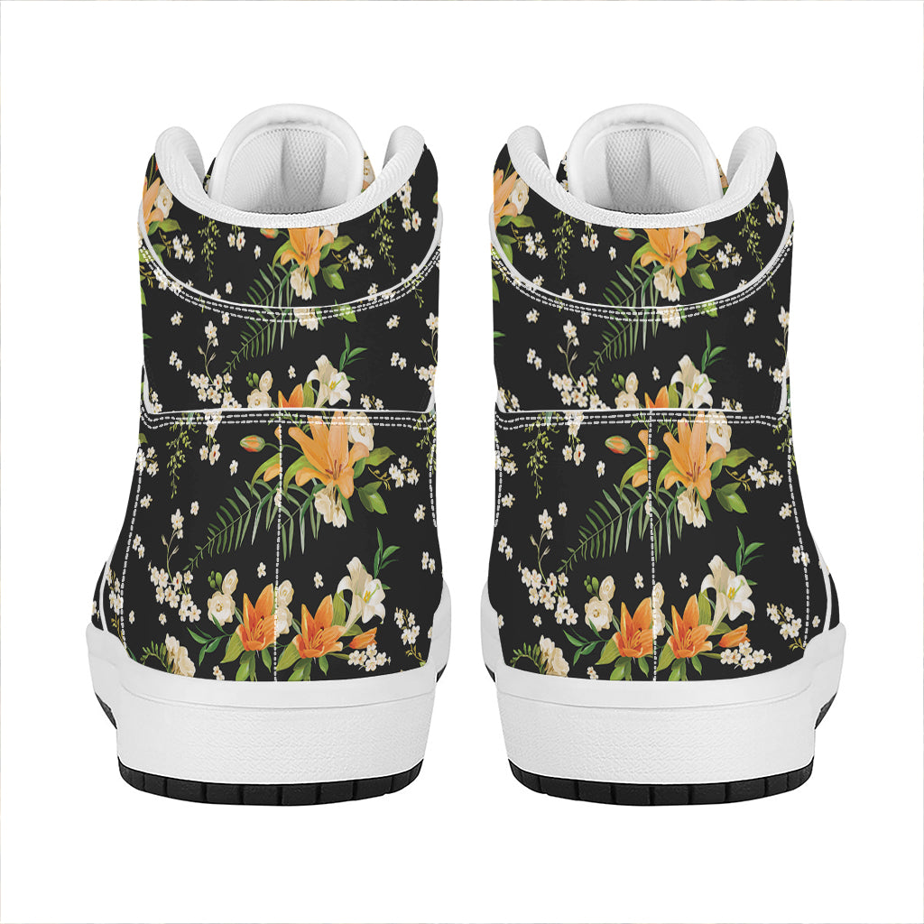 Spring Lily Flowers Pattern Print High Top Leather Sneakers