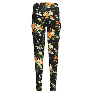 Spring Lily Flowers Pattern Print High-Waisted Pocket Leggings