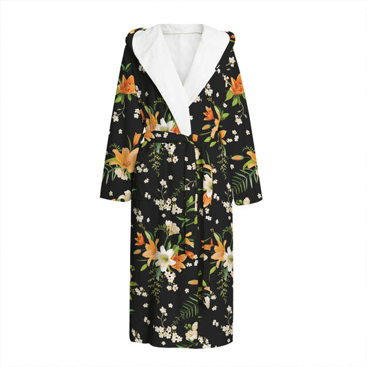 Spring Lily Flowers Pattern Print Hooded Bathrobe