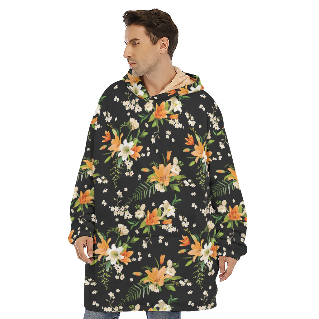 Spring Lily Flowers Pattern Print Hoodie Blanket