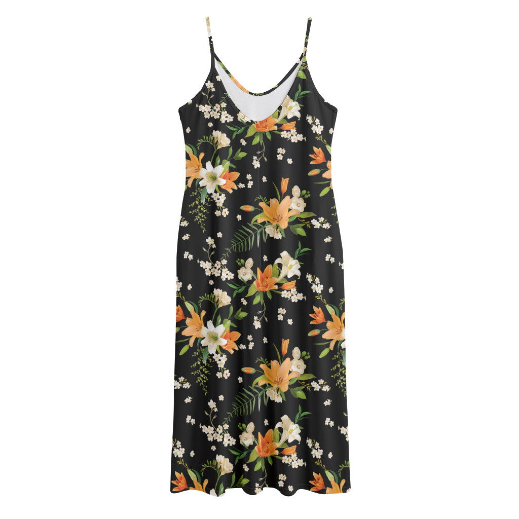 Spring Lily Flowers Pattern Print Jersey Midi Cami Dress