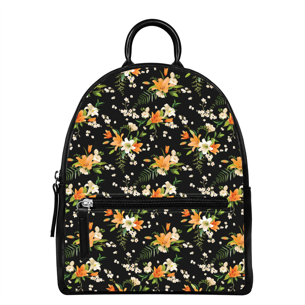 Spring Lily Flowers Pattern Print Leather Backpack