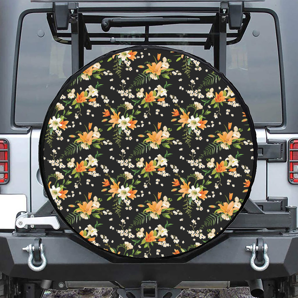 Spring Lily Flowers Pattern Print Leather Spare Tire Cover