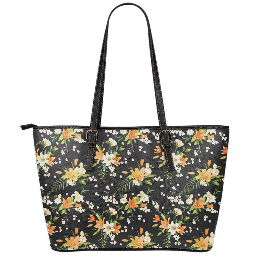 Spring Lily Flowers Pattern Print Leather Tote Bag